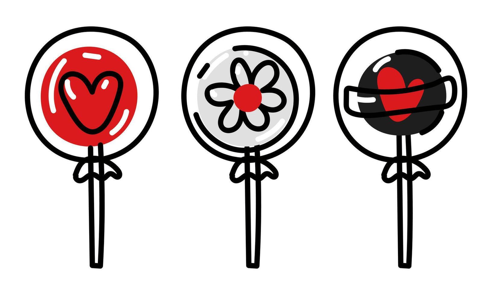 un conjunto de piruletas con rojo plano garabatos piruletas corazón, flor en un paquete. vector dibujos animados plano ilustración. íconos de dulce dulces. aislado colección en rojo, negro, blanco colores