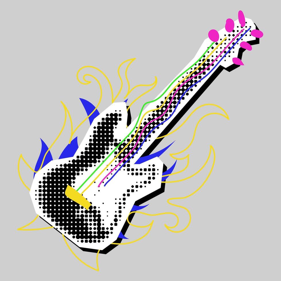 Guitar, sound, bass collage grunge pop art rock. A black and white picture with colored inserts. The tool is like a clipping from a magazine. A bright doodle on a dotted black and white drawing vector