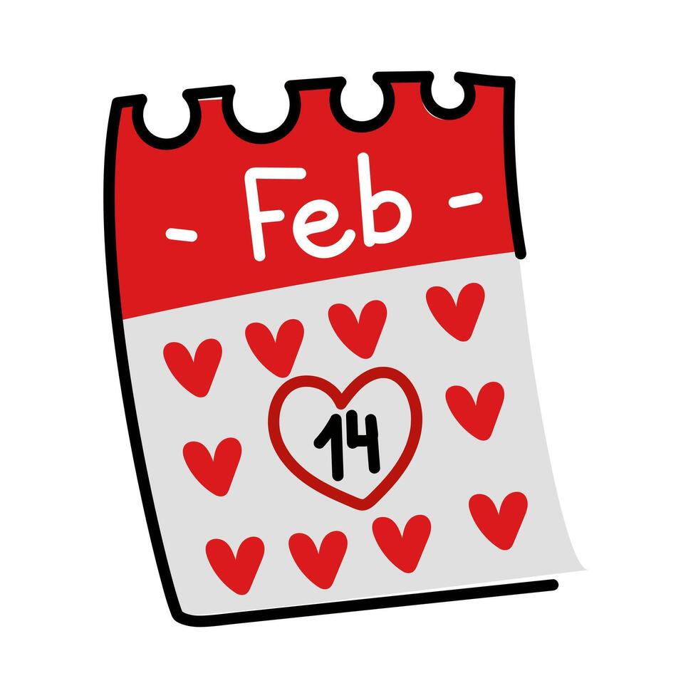 Torn sheet from a calendar with hearts and a 14 vector flat doodle. Happy Valentine's Day. A calendar sheet marked with hearts. Hand-drawn doodles. Vector illustration, flat design. The whole calendar