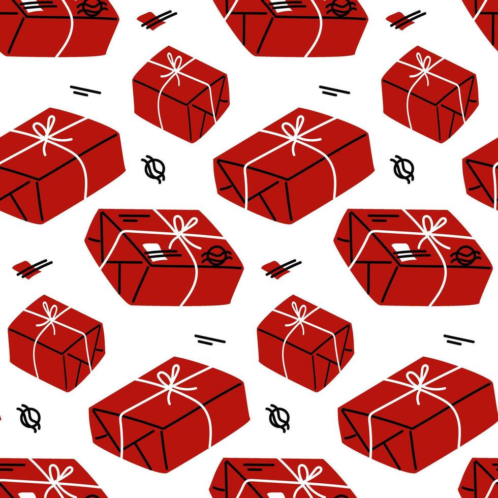 Seamless pattern of parcels with red stamps, with the addition of black, white colors. A hand-drawn postal background with boxes tied with threads. Mail correspondence. Gift with the bow was delivered vector
