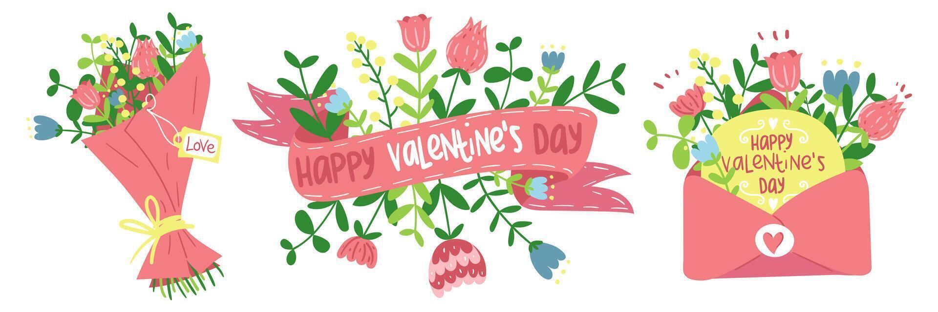 rosado conjunto con flores vector ramo, cinta, rosado sobre destacado en un blanco antecedentes. flores en diferente formas y Felicidades en el San Valentín día día festivo. un regalo desde un amado uno