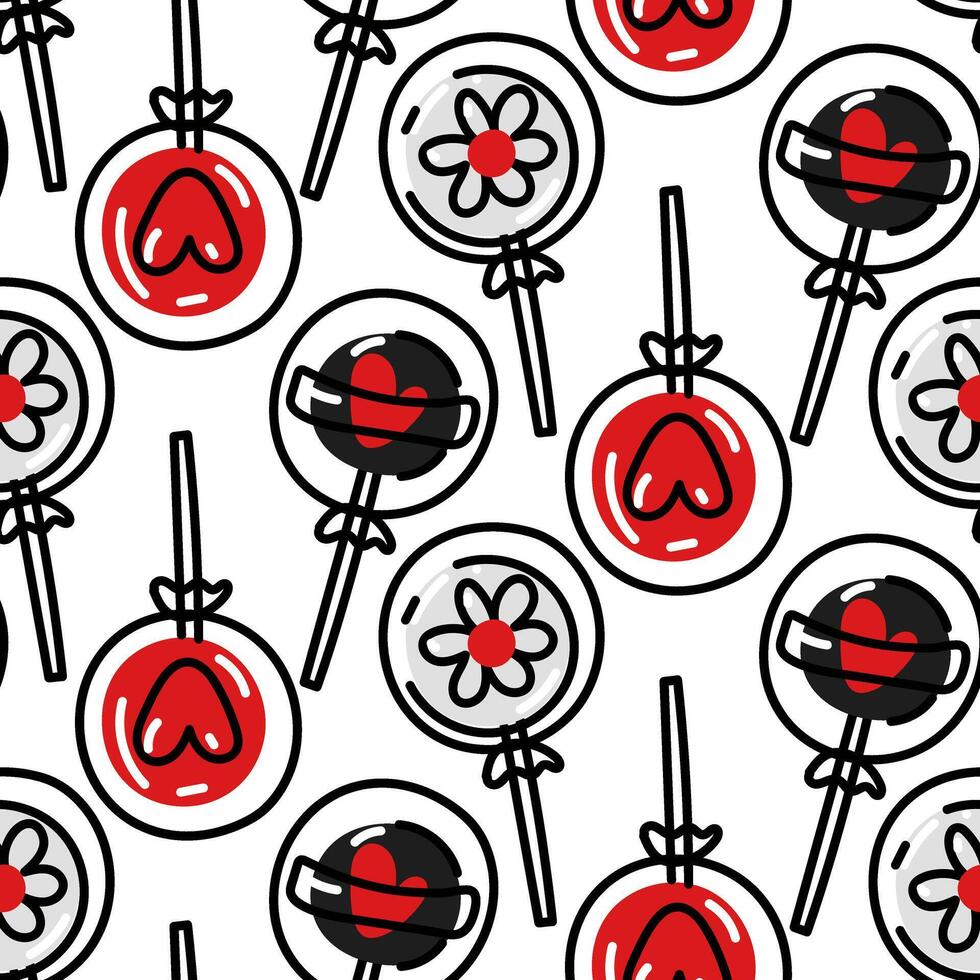 Lollipop pattern is doodle red and black. I love sweets. Seamless pattern with lollipops. Flower, heart, sweetness. Background for Valentine's Day and romantic holidays. Hand-drawn vector illustration