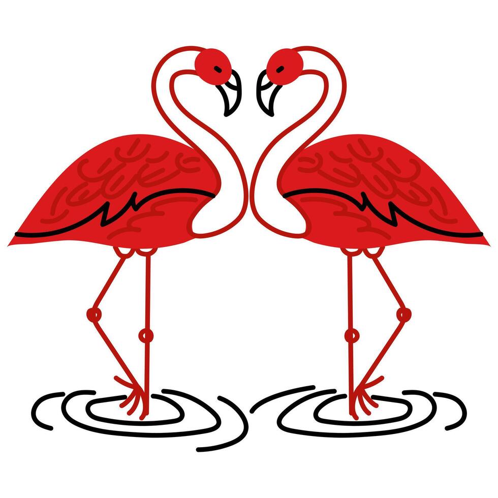 Two flamingos of red doodle color are flat. Flamingos isolated on a white background. Tropical exotic birds are animals, standing on one leg, a heart. Flat vector illustration in the form of doodles.