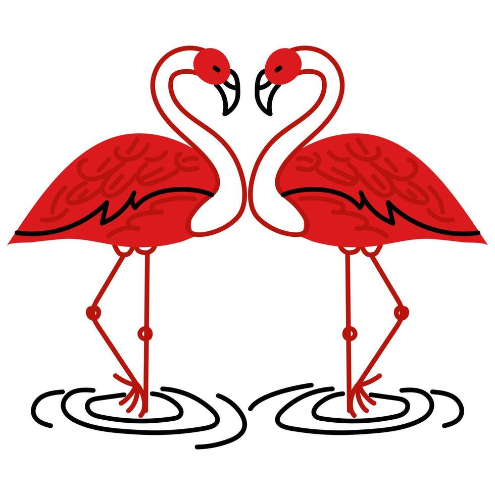 dos flamencos de rojo garabatear color son departamento. flamencos aislado en un blanco antecedentes. tropical exótico aves son animales, en pie en uno pierna, un corazón. plano vector ilustración en el formar de garabatos