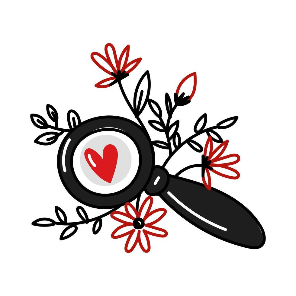 A magnifying glass with a heart in flowers. The love search icon in the vector. A magnifying glass with a heart inside. An illustration for dating. Valentine's day icon, linear love search icon vector