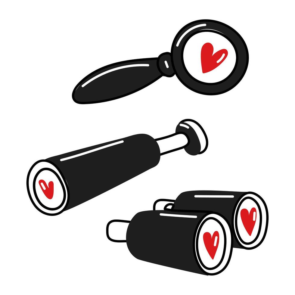Set of doodle objects for finding love magnifying glass, binoculars in dark colors. Surveillance items with hearts for Valentine's Day. Find love with a magnifying glass. Black white Red vector