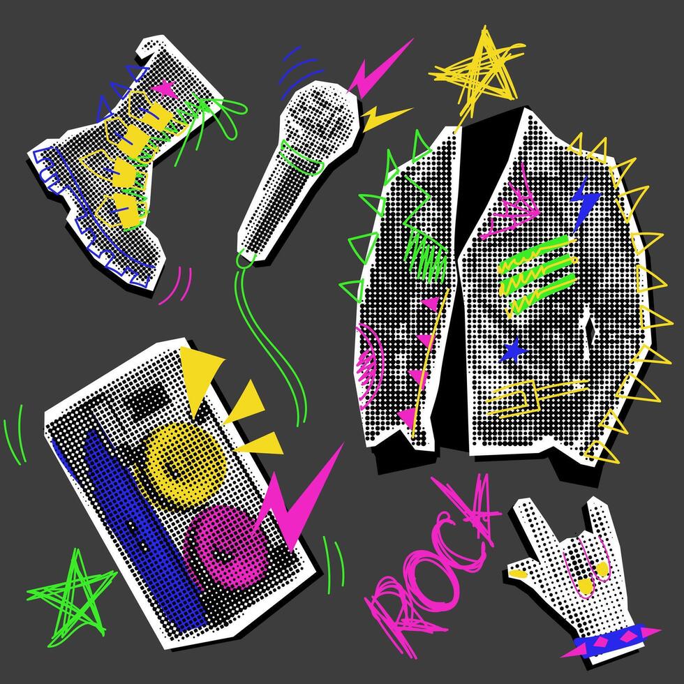 A set of rocker objects collage in the style of grunge pop art. Jacket, microphone, hand, shoe, speakers. Black and white dots with colored inserts. It looks like a clipping from a magazine. Bright vector