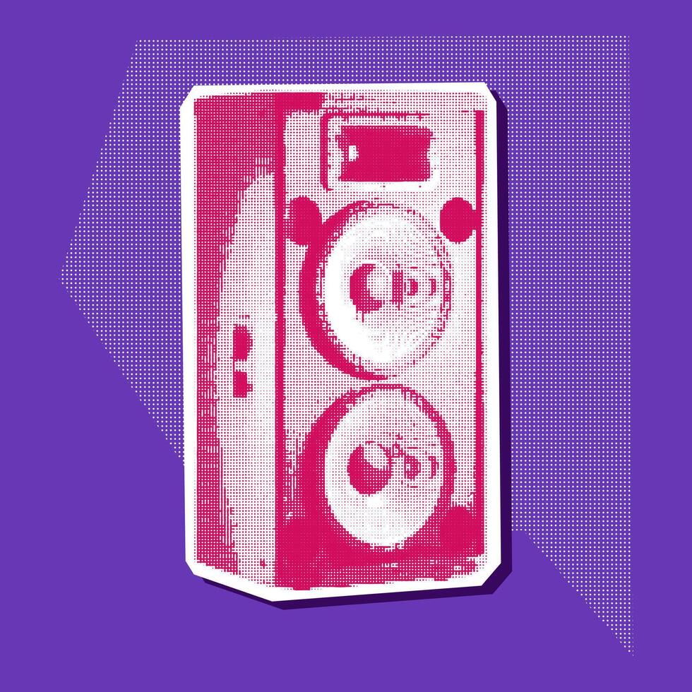 A rocker music column with a collage in the style of grunge-pop-art-rock. Pink and white picture on blue. The item looks like a clipping from a magazine. Bright large and small dots create the shape vector