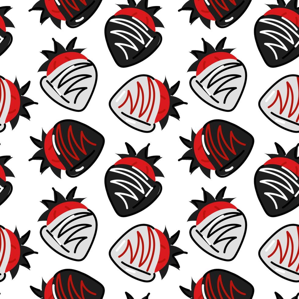 Pattern is a large strawberry in chocolate doodle. Seamless pattern for Valentine's Day with chocolate, candies, strawberries. Vector flat doodle illustration in black and red colors on a white