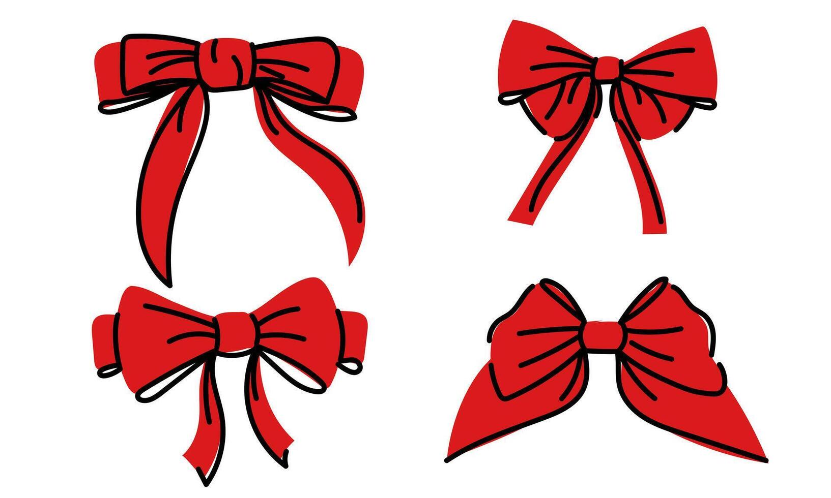 Set of various bows, ties, gift bows. Vector illustration, hand-drawn. Individual colorful design elements. Wedding celebration, holiday, party decoration, gift, gift concept. Red colors