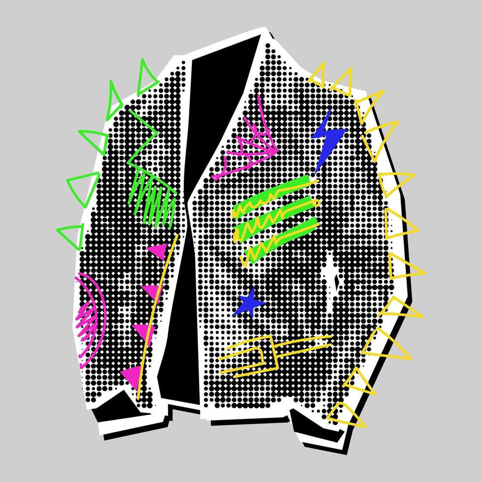 Rocker leather jacket collage grunge pop art rock. A black and white picture with colored inserts. Clothes are like a clipping from a magazine. A bright doodle on a dotted black and white drawing vector