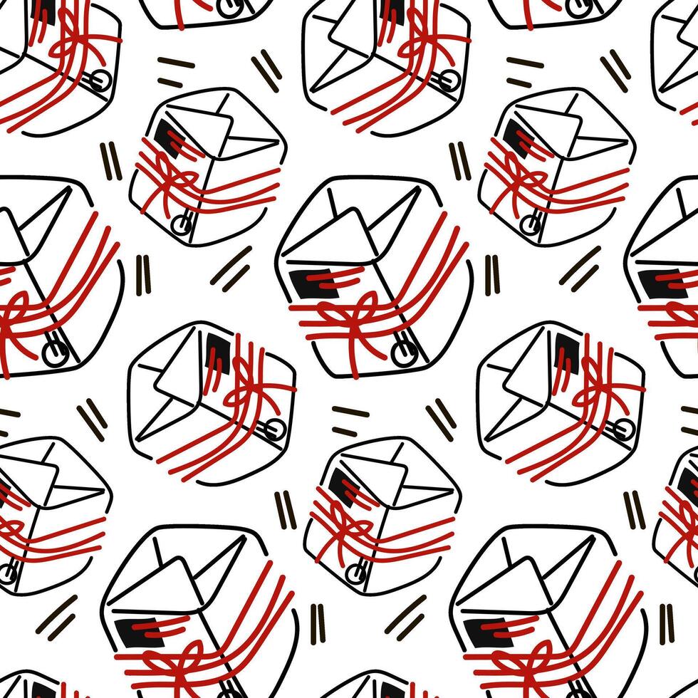 Seamless pattern of parcels with stamps of white, with the addition of black, red. A hand-drawn postal background with boxes with thread. Mail correspondence. Gift with the bow was delivered by mail vector
