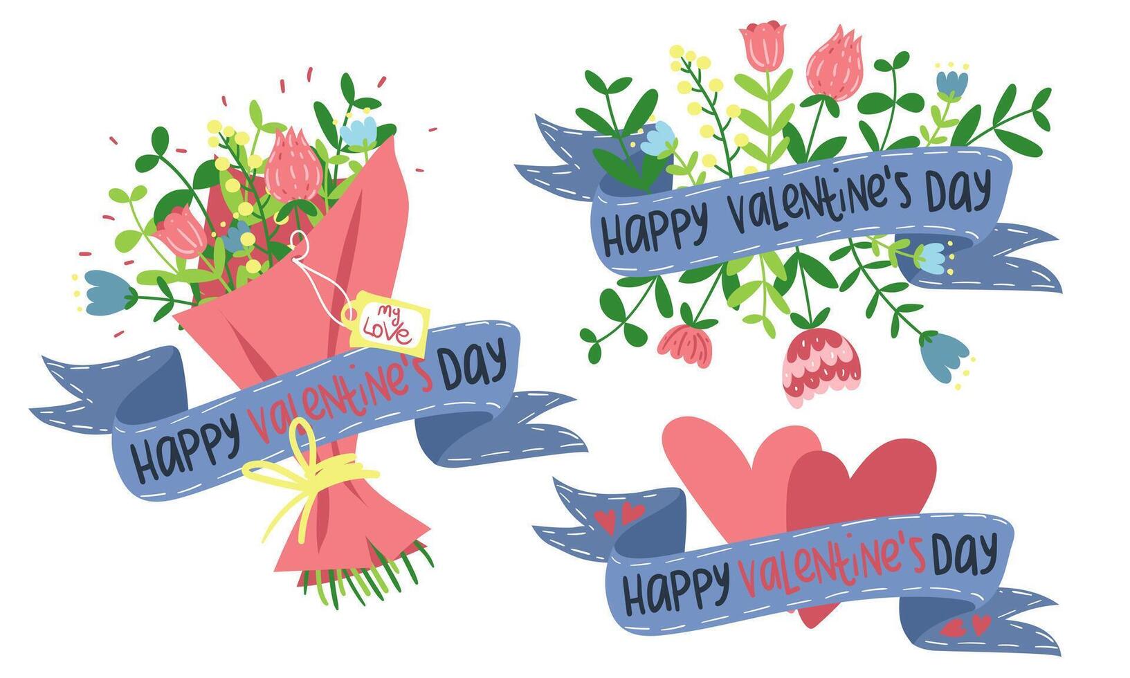 Set with flowers and a blue ribbon. Vector bouquets of pink color highlighted on a white background. Flowers, hearts in different shapes and congratulations on Valentine's Day. A gift from a loved one