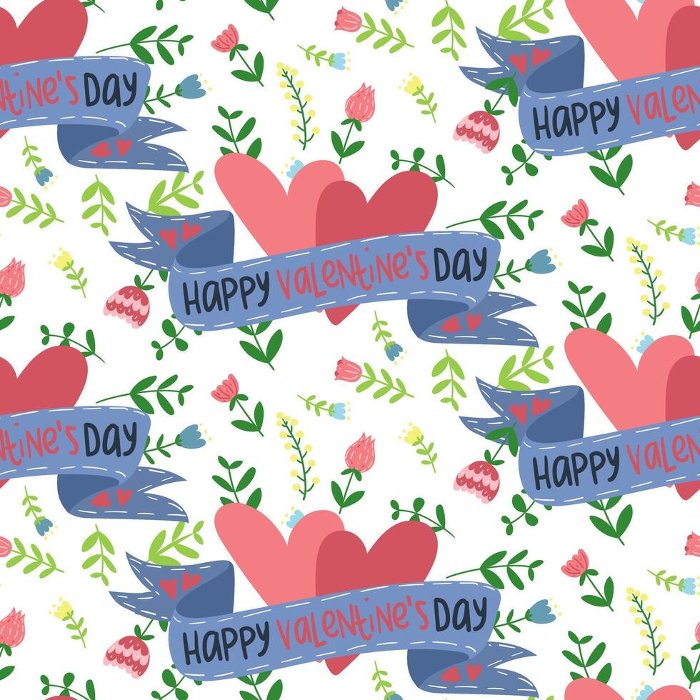 Pattern of hearts with ribbon and flowers for Valentine's Day in a flat style. Cartoon isolated illustration with flowers. Congratulatory texture in the form of a seamless ornament. Holiday packaging vector
