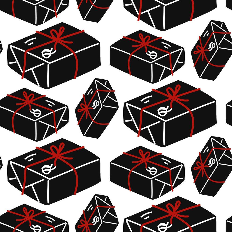 Vector seamless pattern of parcels with stamps in black, red, white colors. Hand-drawn postal background with boxes tied with threads. Mail correspondence. Gift with the bow was delivered by mail