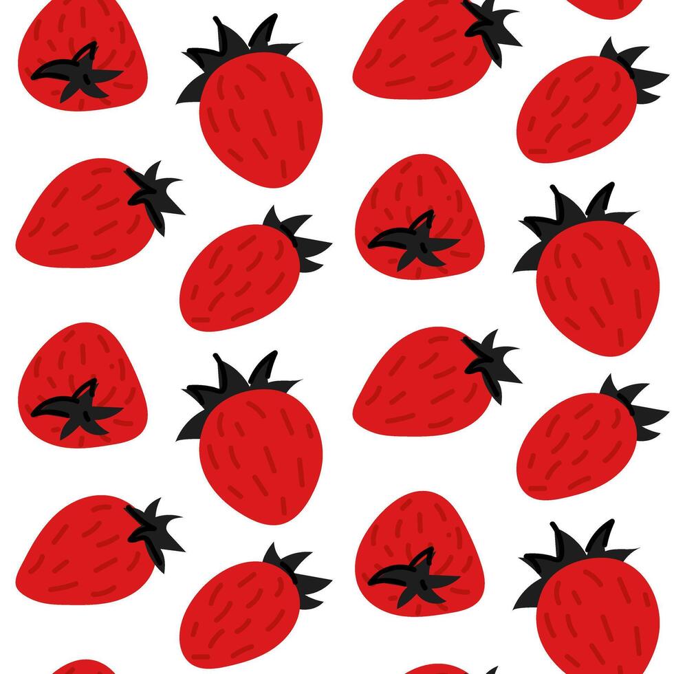 The strawberry pattern is flat. Painted strawberry pattern on white background, red strawberries, strawberry backgrounds, summer cute pattern. Suitable for packaging. Lovers of black and red vector