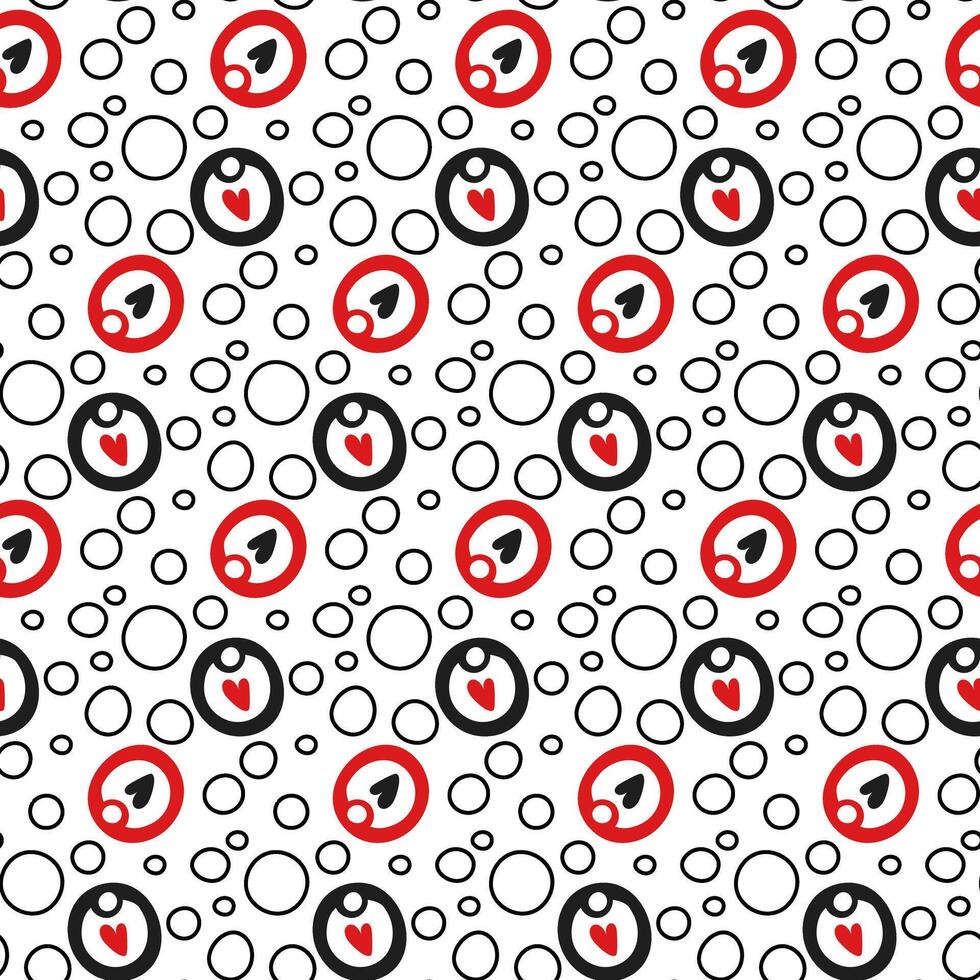 Abstract background with hearts and circles in black and red colors. A heart in circles on a white background. Flat ornament. Printing on textiles and paper for holiday printing vector