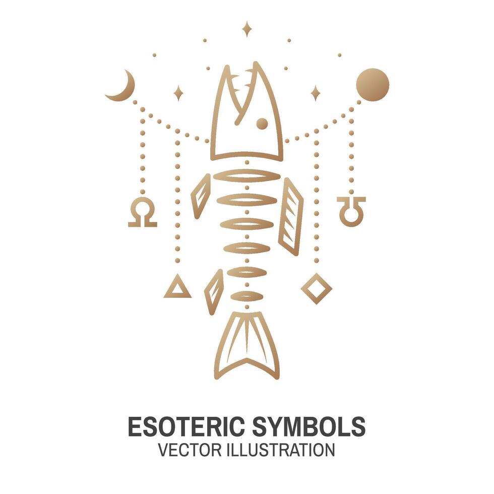 esotérico simbolos vector. Delgado línea geométrico insignia. contorno icono para alquimia o sagrado geometría. místico y magia diseño con pescado hueso vector