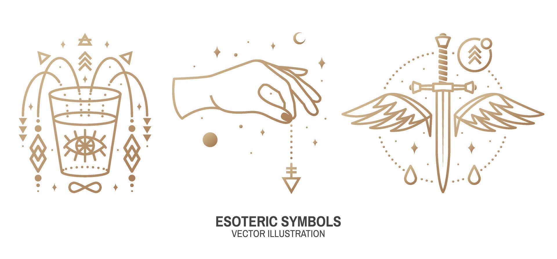 Esoteric symbols. Vector Thin line geometric badge. Outline icon for alchemy or sacred geometry. Mystic and magic design with dagger, wings,all-seeing eye, glass, hand, stars, planets and moon