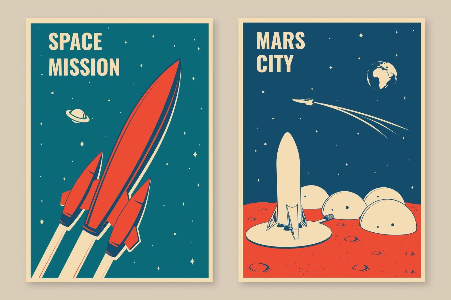 Mars city and space mission posters, banners, flyers. Vector. Concept for shirt, print, stamp, overlay or template. Vintage typography design with space rocket and mars city silhouette. vector
