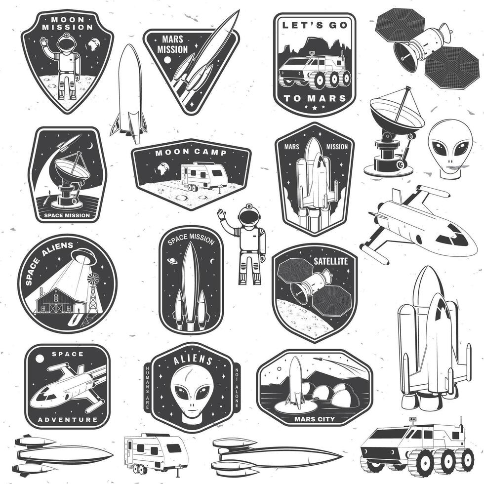 Set of space mission logo, badge, patch. Vector. Concept for shirt, print, stamp. Vintage typography design with space rocket, alien, mars city, camper van on the moon and earth silhouette vector