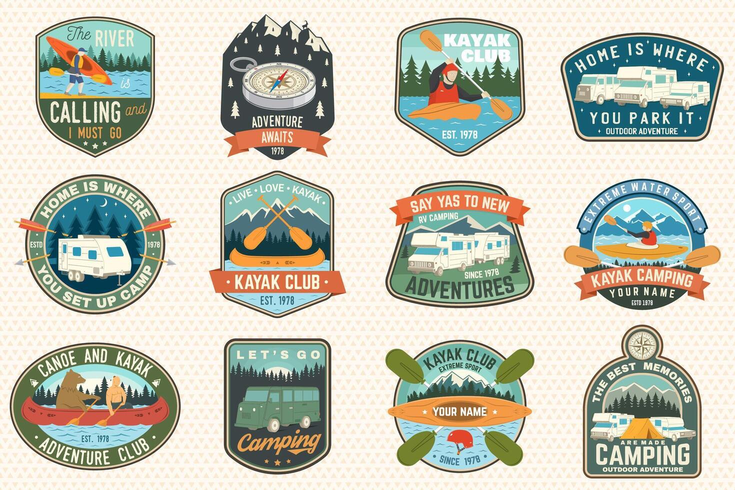 Set of summer camp, canoe and kayak club badges. Vector. For patch. Design with camping, mountain, river, american indian and kayaker silhouette. Extreme camp and water sport kayak patches vector