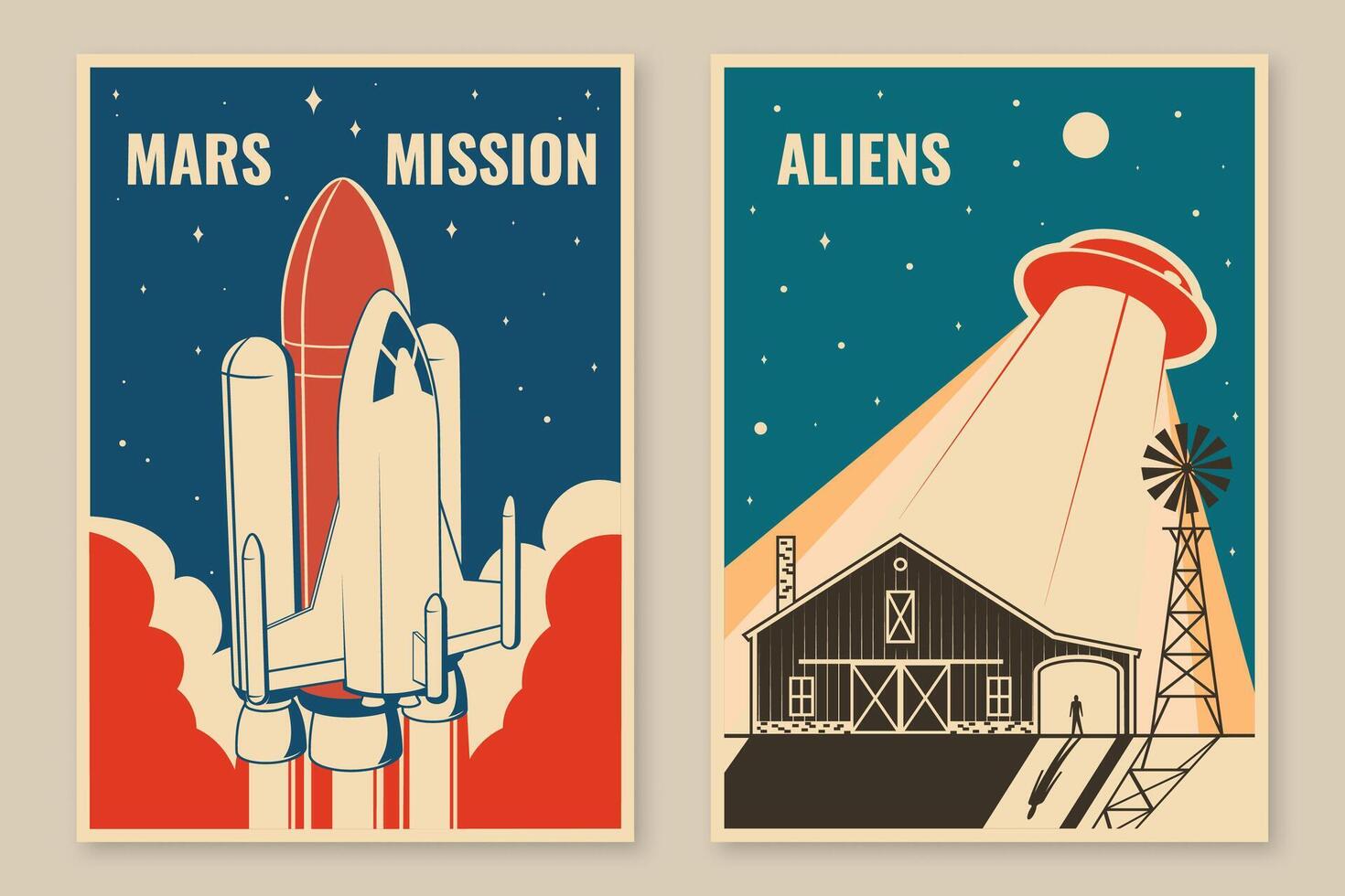 Mars mission posters, banners, flyers. Vector. Concept for shirt, print, stamp, overlay or template. Vintage typography design with space rocket and ufo flying spaceship silhouette. vector