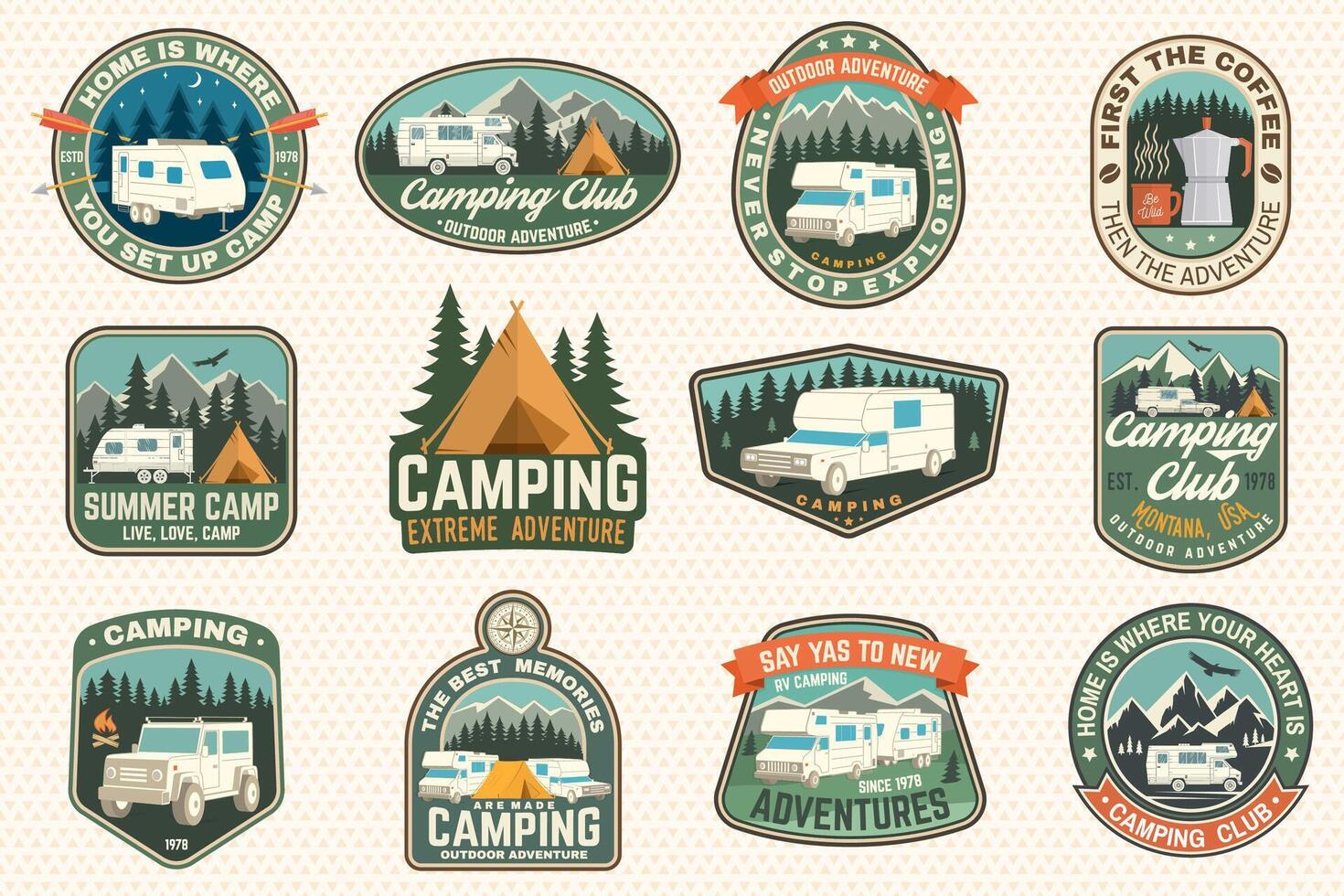 Set of rv camping badges, patches. Vector. Concept for shirt or logo, print, stamp or tee. Vintage typography design with RV Motorhome, camping trailer and off-road car silhouette. vector