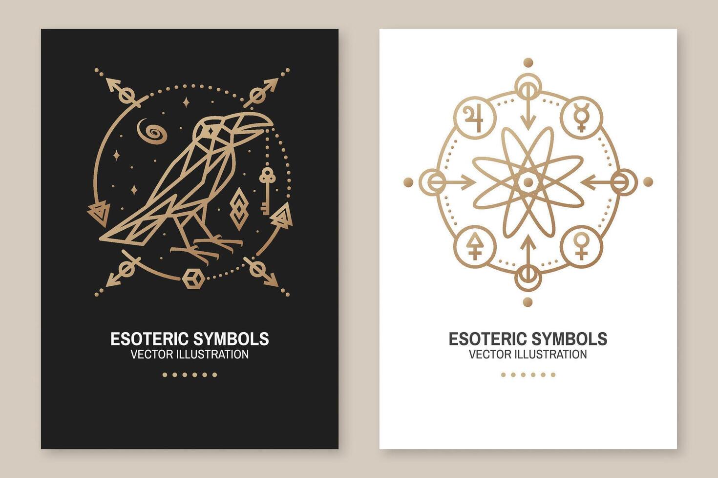 Esoteric symbols poster, flyer. Vector. Thin line geometric badge. Outline icon for alchemy, sacred geometry. Mystic, magic design with atom, crow and galaxy vector