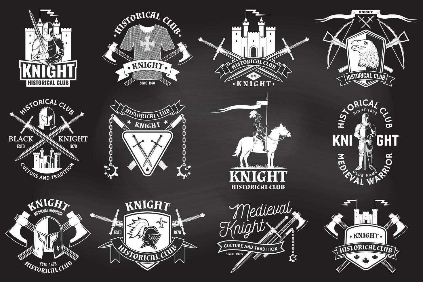 Set of knight historical club badge design Vector Concept for shirt, print, stamp, overlay or template. Vintage typography design with knight, knight on a horse, swords, axe, castle silhouette