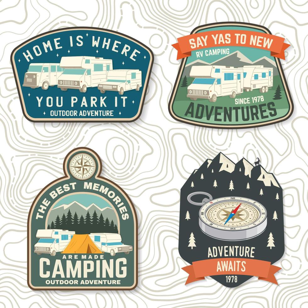 Set of rv camping badges, patches. Vector. Concept for shirt or logo, print, stamp or tee. Vintage typography design with RV Motorhome, camping trailer and off-road car silhouette. vector