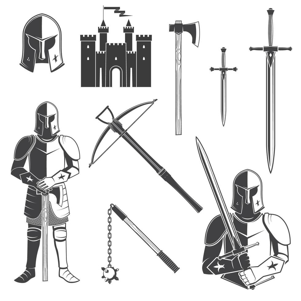 Set of knight and knight equipment icon Knife, dagger, sword, battle, castel, helmet, flail, crossbow isolated on the white background. Vector illustration.