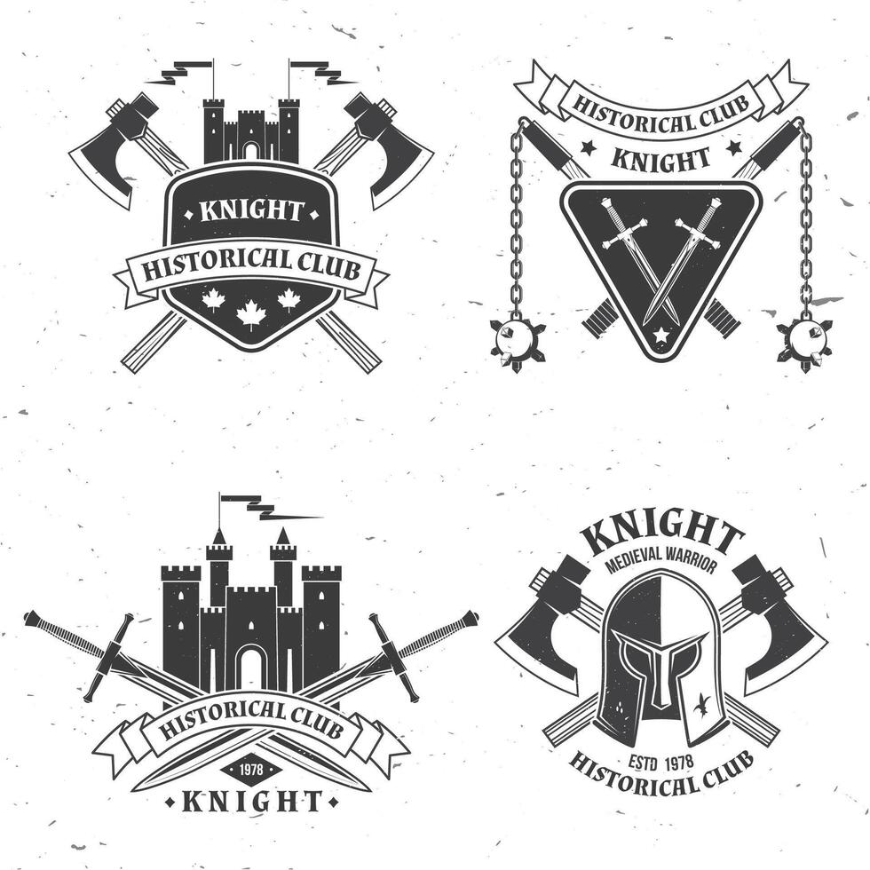 Set of knight historical club badge design. Vector Concept for shirt, print, stamp, overlay or template. Vintage typography design with battle axe, knight helmet, swords castle silhouette