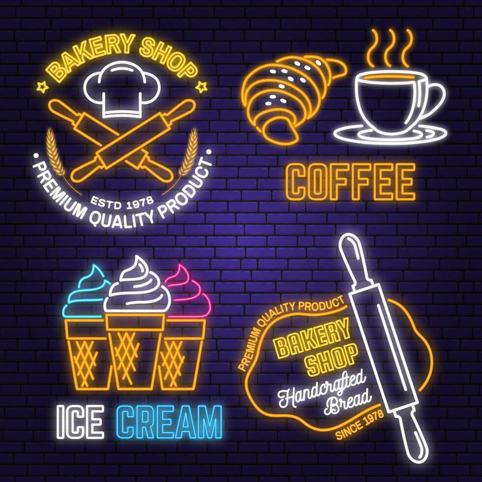 Set of Bakery shop, ice cream, coffee neon sign on brick wall background. Vector. Neon design for cafe, bakery or fast food business. Light sign banner. Glass tube vector