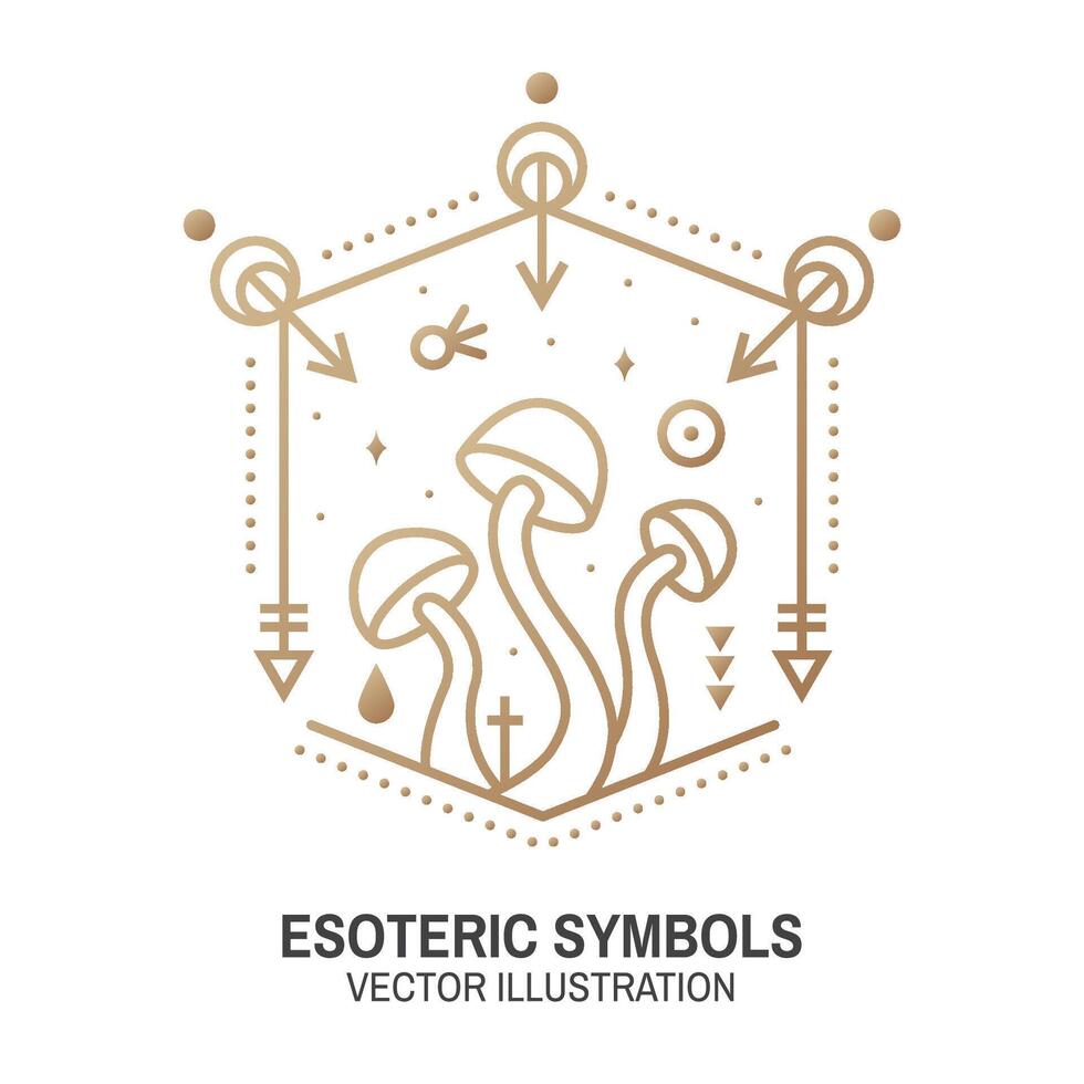 Esoteric symbols. Vector. Thin line geometric badge. Outline icon for alchemy or sacred geometry. Mystic and magic design with alchemy symbols and mushrooms. vector