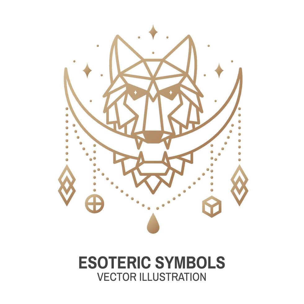 Esoteric symbols. Vector. Thin line geometric badge. Outline icon for alchemy or sacred geometry. Mystic and magic design with moon in the mouth of a wolf vector
