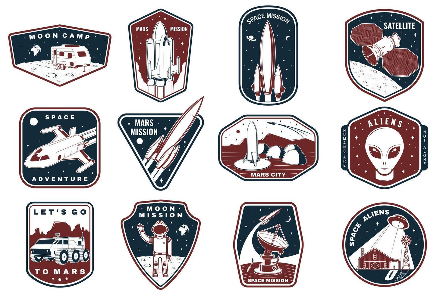 Set of space mission logo, badge, patch. Vector. Concept for shirt, print, stamp. Vintage typography design with space rocket, alien, mars city, camper van on the moon and earth silhouette vector
