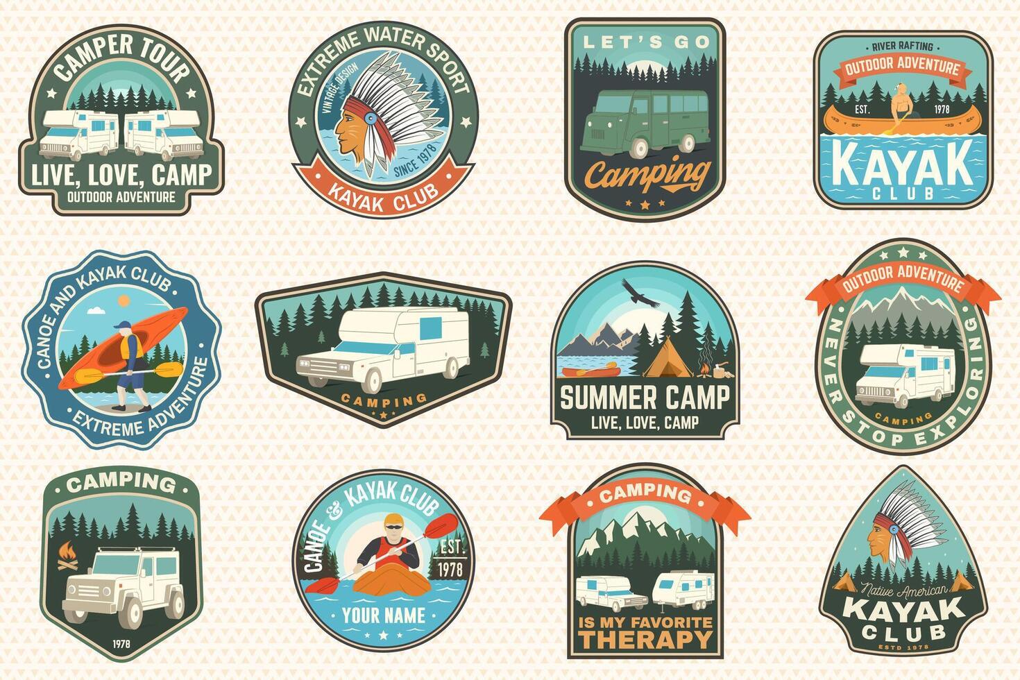 Set of summer camp, canoe and kayak club badges. Vector. For patch. Design with camping, mountain, river, american indian and kayaker silhouette. Extreme camp and water sport kayak patches vector