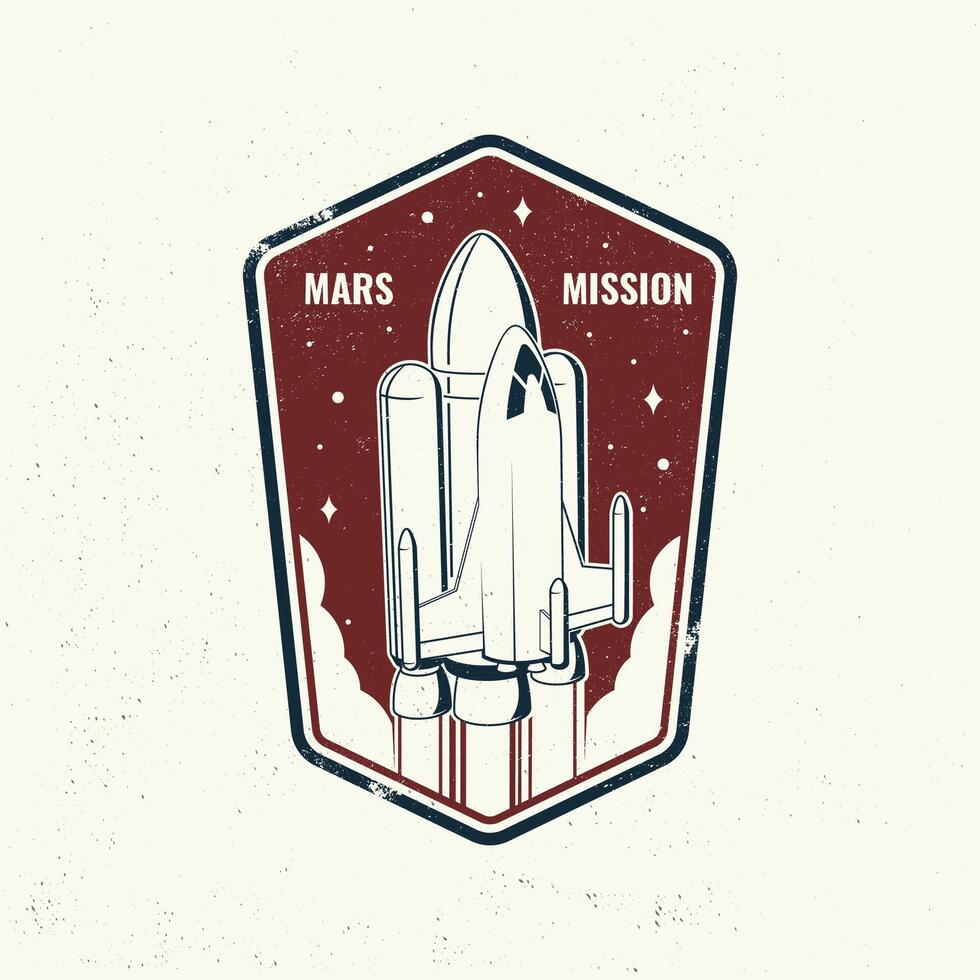 Mars mission logo, badge, patch. Vector. Concept for shirt, print, stamp, overlay or template. Vintage typography design with space rocket and mars silhouette. vector