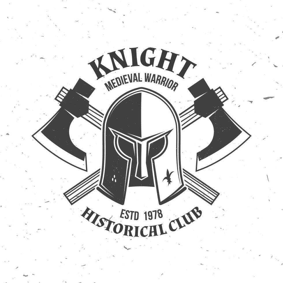 Knight historical club badge design. Vector illustration Concept for shirt, print, stamp, overlay or template. Vintage typography design with battle axe and knight helmet silhouette.