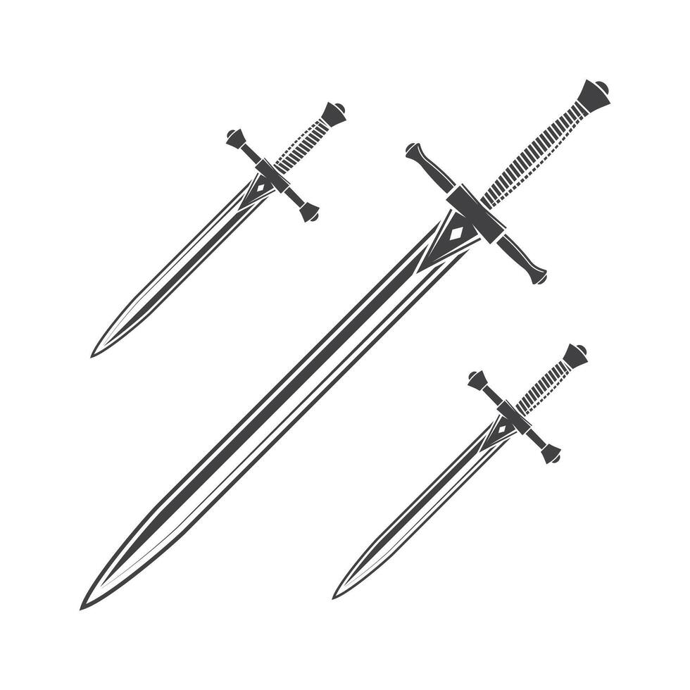 Knife, dagger and sword isolated on the white background. Vector illustration Knight equipment icon knife, dagger and sword isolated silhouette.