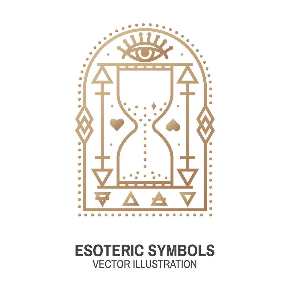 Esoteric symbols. Vector. Thin line geometric badge. Outline icon for alchemy or sacred geometry. Mystic and magic design with all-seeing eye and hourglass vector