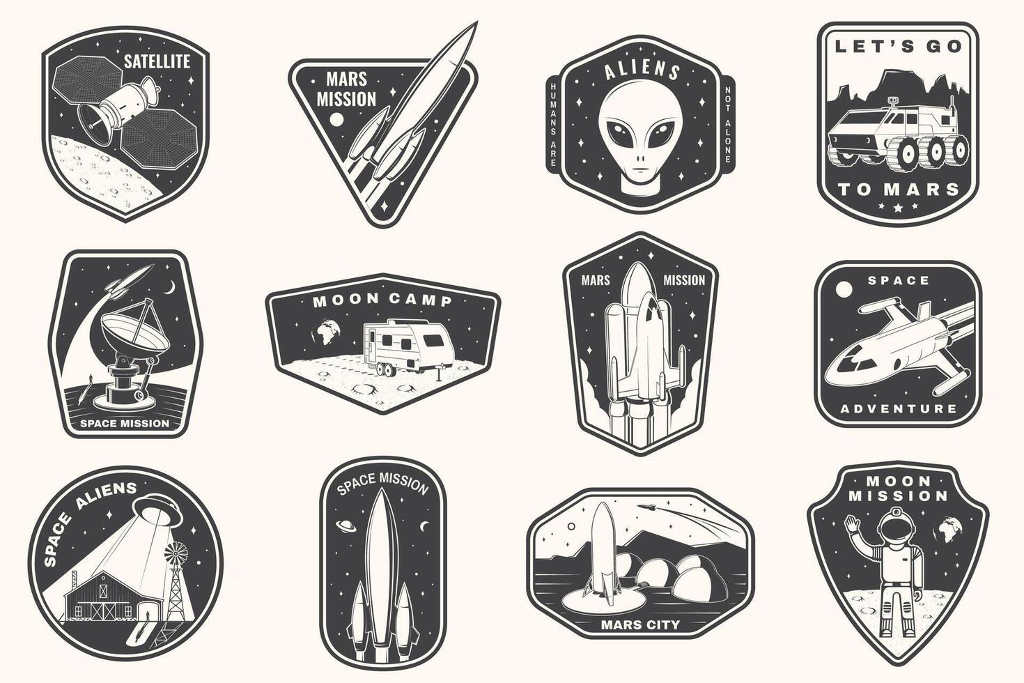 Set of space mission logo, badge, patch. Vector. Concept for shirt, print, stamp. Vintage typography design with space rocket, alien, mars city, camper van on the moon and earth silhouette vector