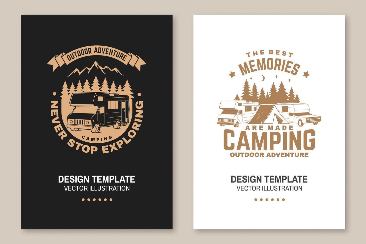 Never stop exploring. Summer camp. Vector illustration Concept for shirt or logo, print, stamp or tee. Vintage typography design with RV Motorhome, mountain and forest silhouette.