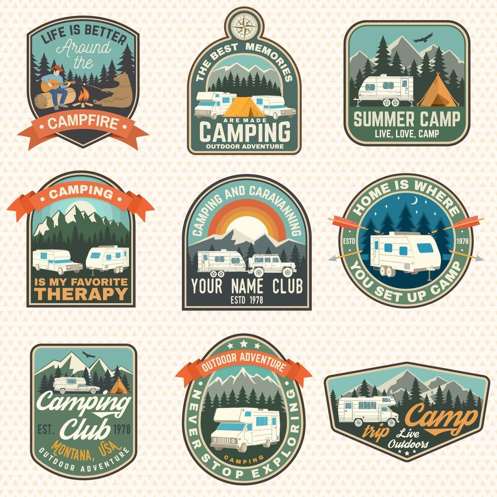 Set of rv camping badges, patches. Vector. Concept for shirt or logo, print, stamp or tee. Vintage typography design with RV Motorhome, camping trailer silhouette. vector