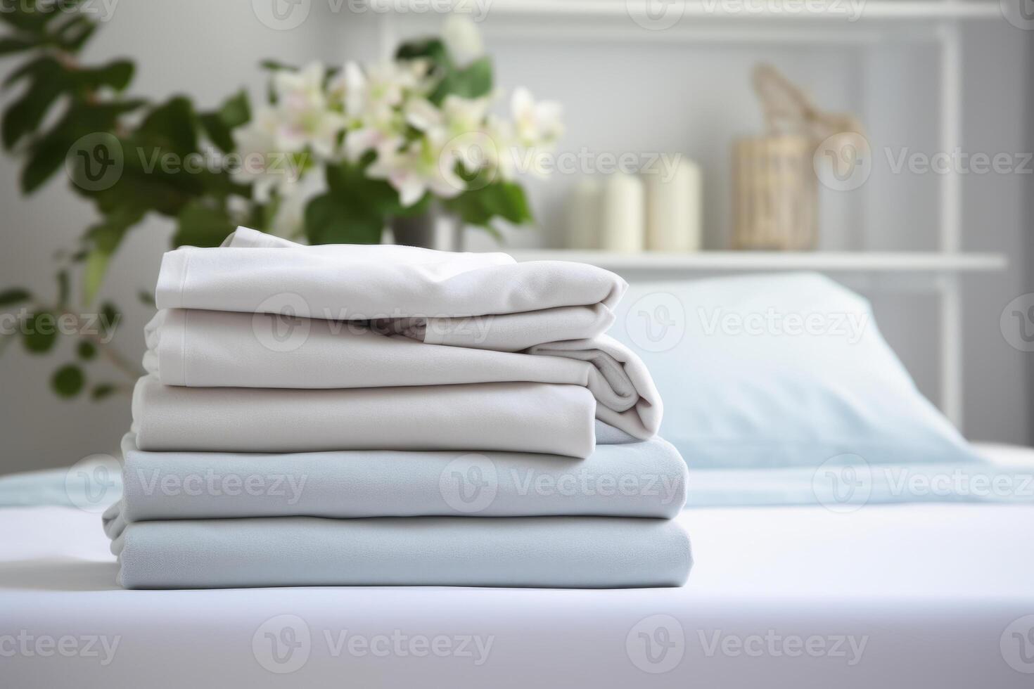 AI generated Stack of clean bedding sheets on blurred laundry room background. Generative AI photo