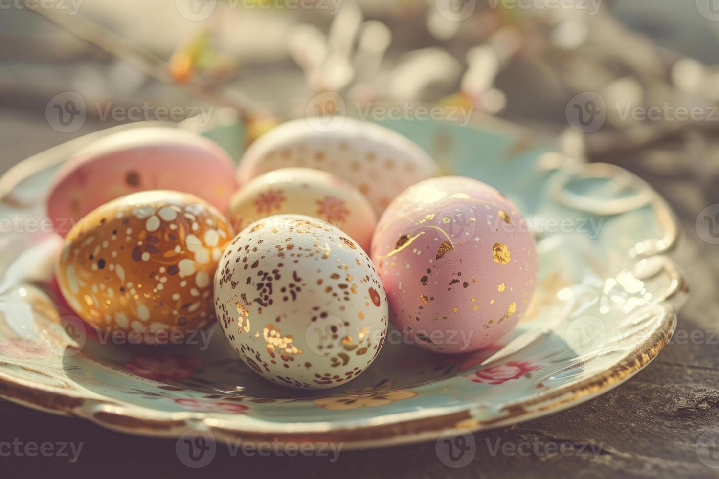 AI generated Decorated pastel colored Easter eggs on vintage plate. Generative AI photo