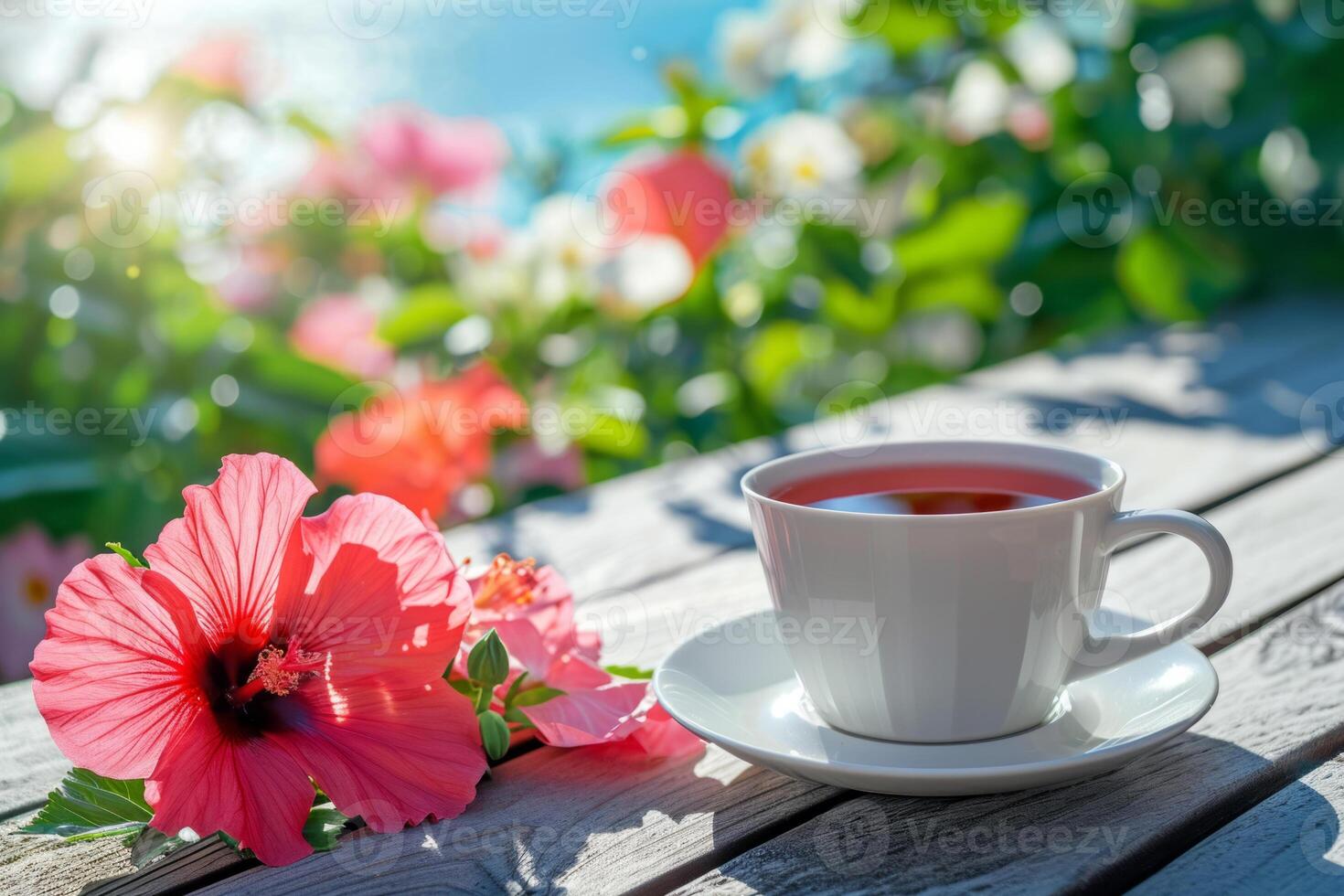 AI generated Hot hibiscus cup of tea with flowers in the background. Breakfast picnic table setup. Generative AI photo