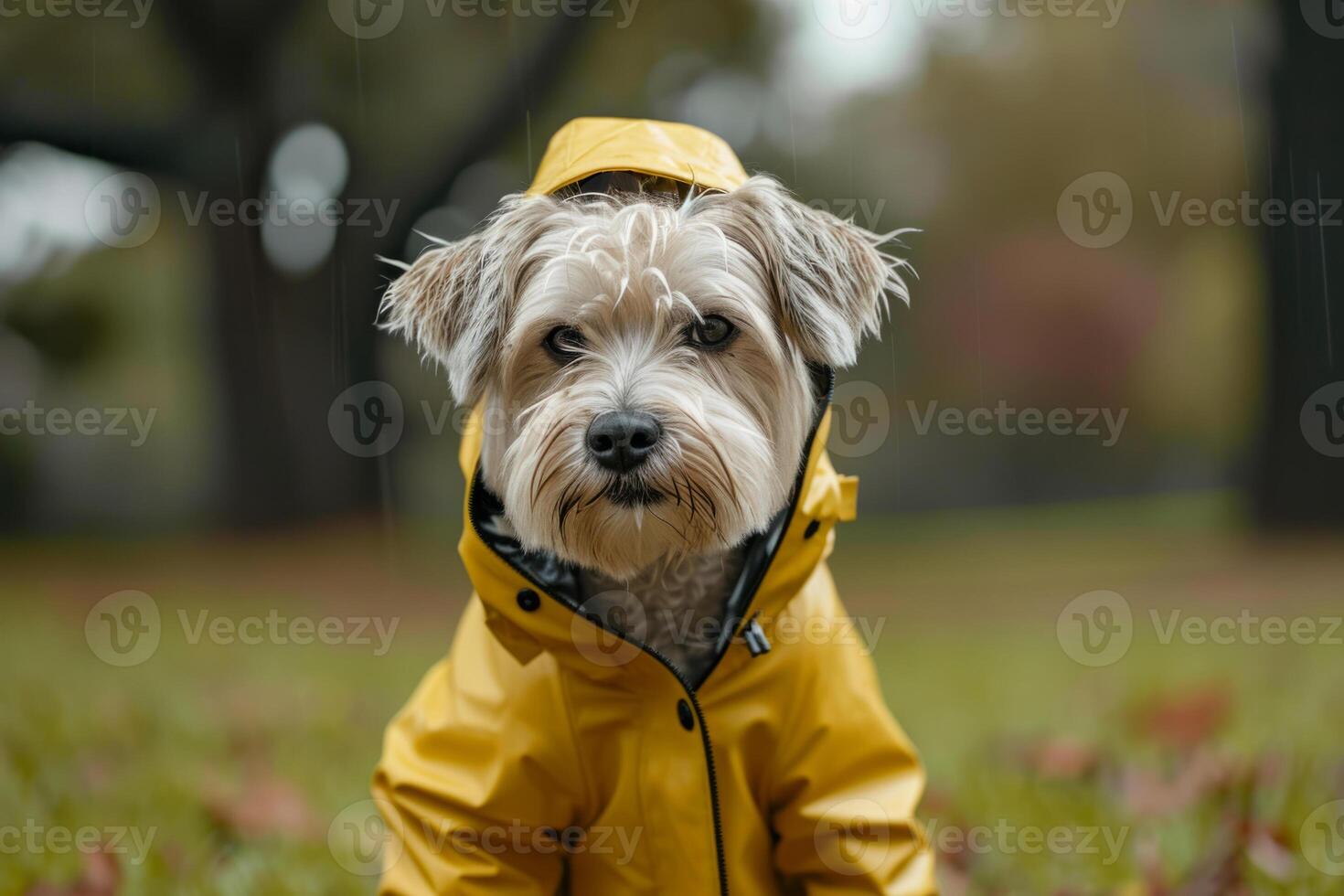 AI generated Dog in a trendy raincoat. The concept of caring for pets. Generative AI photo