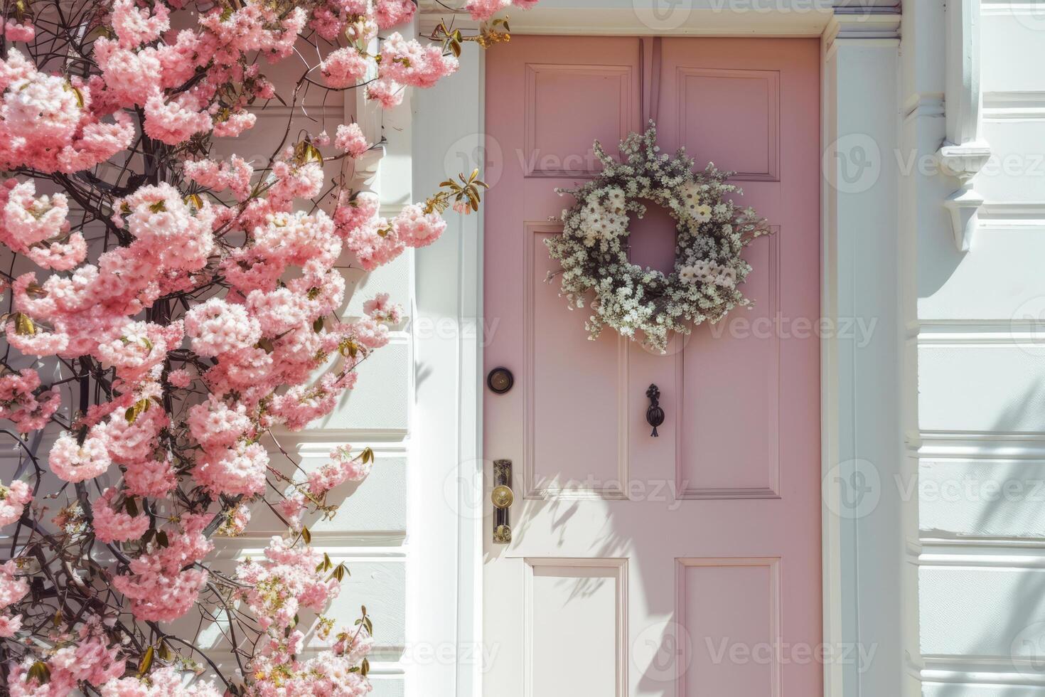 AI generated Home entrance with decorative spring wreath on front door in pastel colors. Generative AI photo